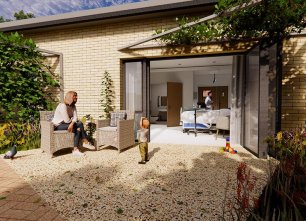 An illustration of a private garden area outside the bedroom at the new hospice