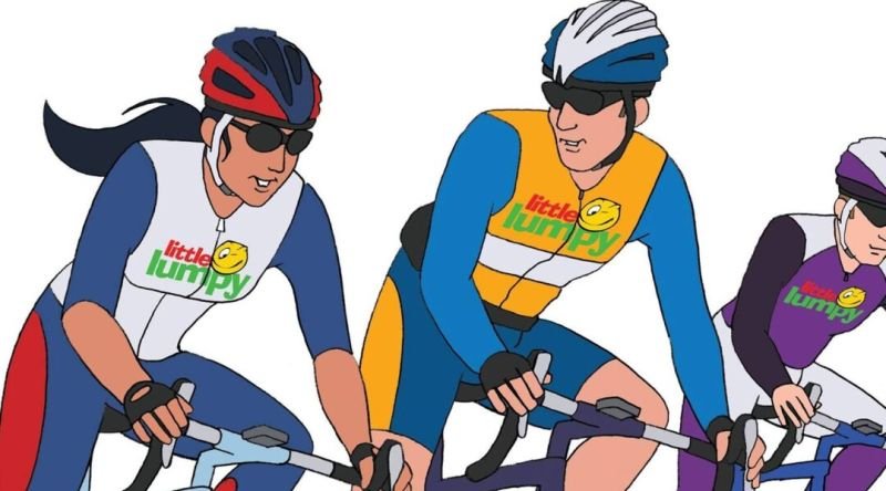 Cartoon cyclists in Little Lumpy cycling tops