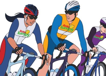 A cartoon of cyclists in Little Lumpy cycling tops