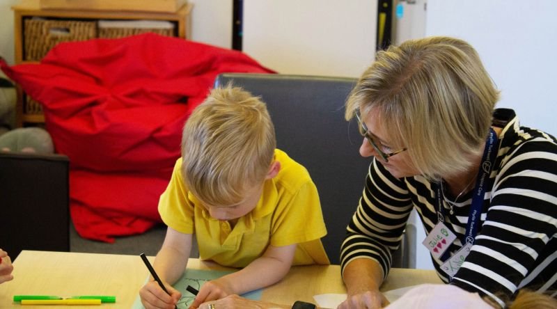 A child drawing with an adult sitting next to them