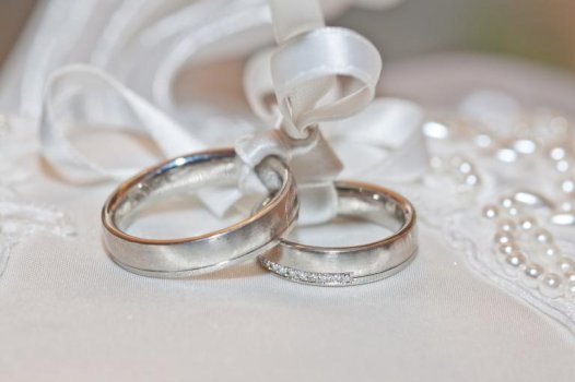 Wedding rings tied together with ribbon