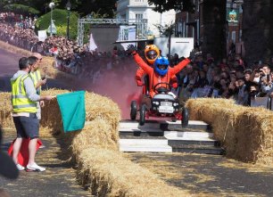 Soapbox vehicle driving down Castle Street, Farnham
